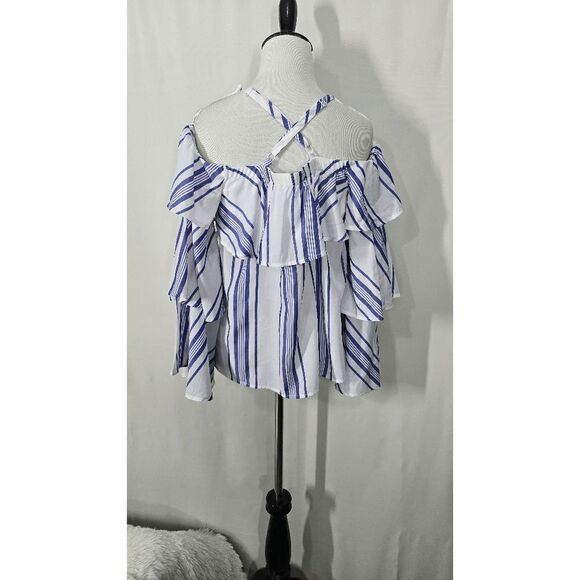 Express Ruffle White and Blue Long Sleeve Cold Shoulder Halter Top Small - Picture 6 of 6